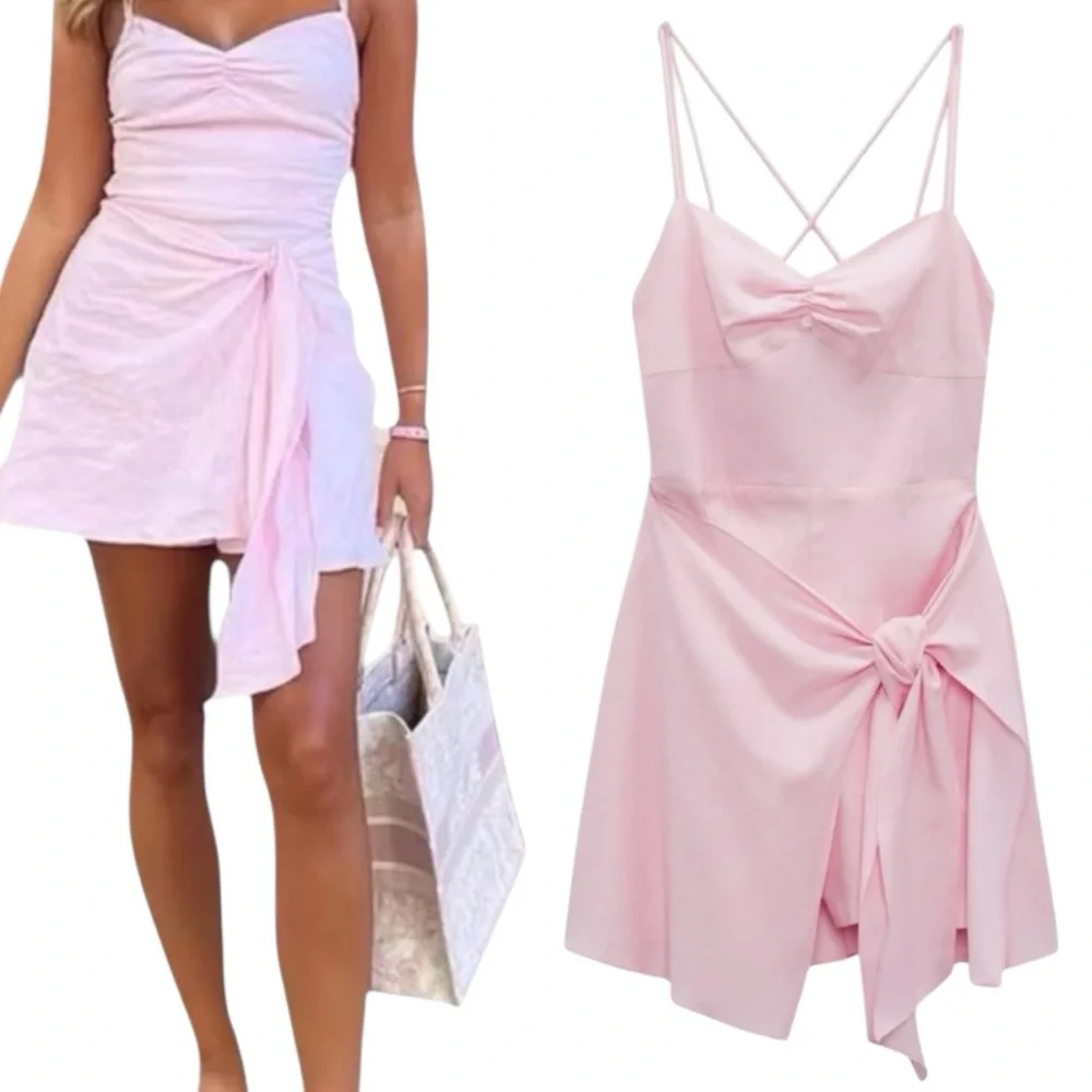 New Zara Romper Dress Linen Blend Blogger Fav Feminine Pastel Ballerina Pink - Picture 1 of 7